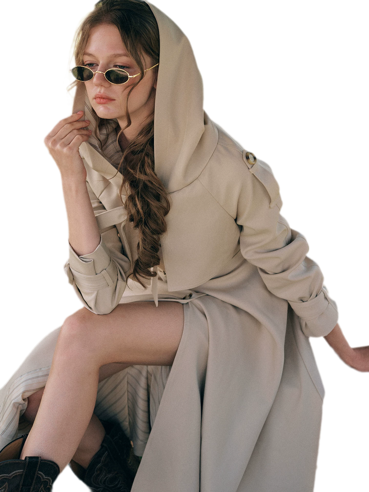 Waist-Defined Hooded Trench Coat