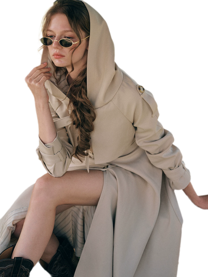 Waist-Defined Hooded Trench Coat