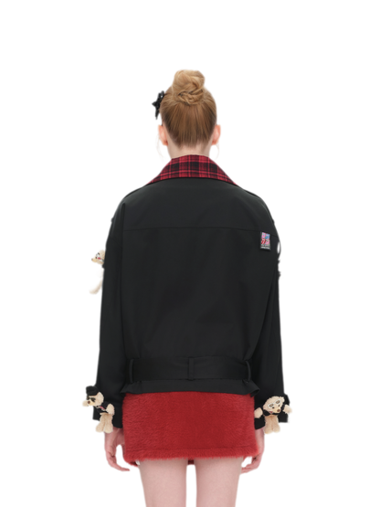Contrasting Plaid Collar Short Coat