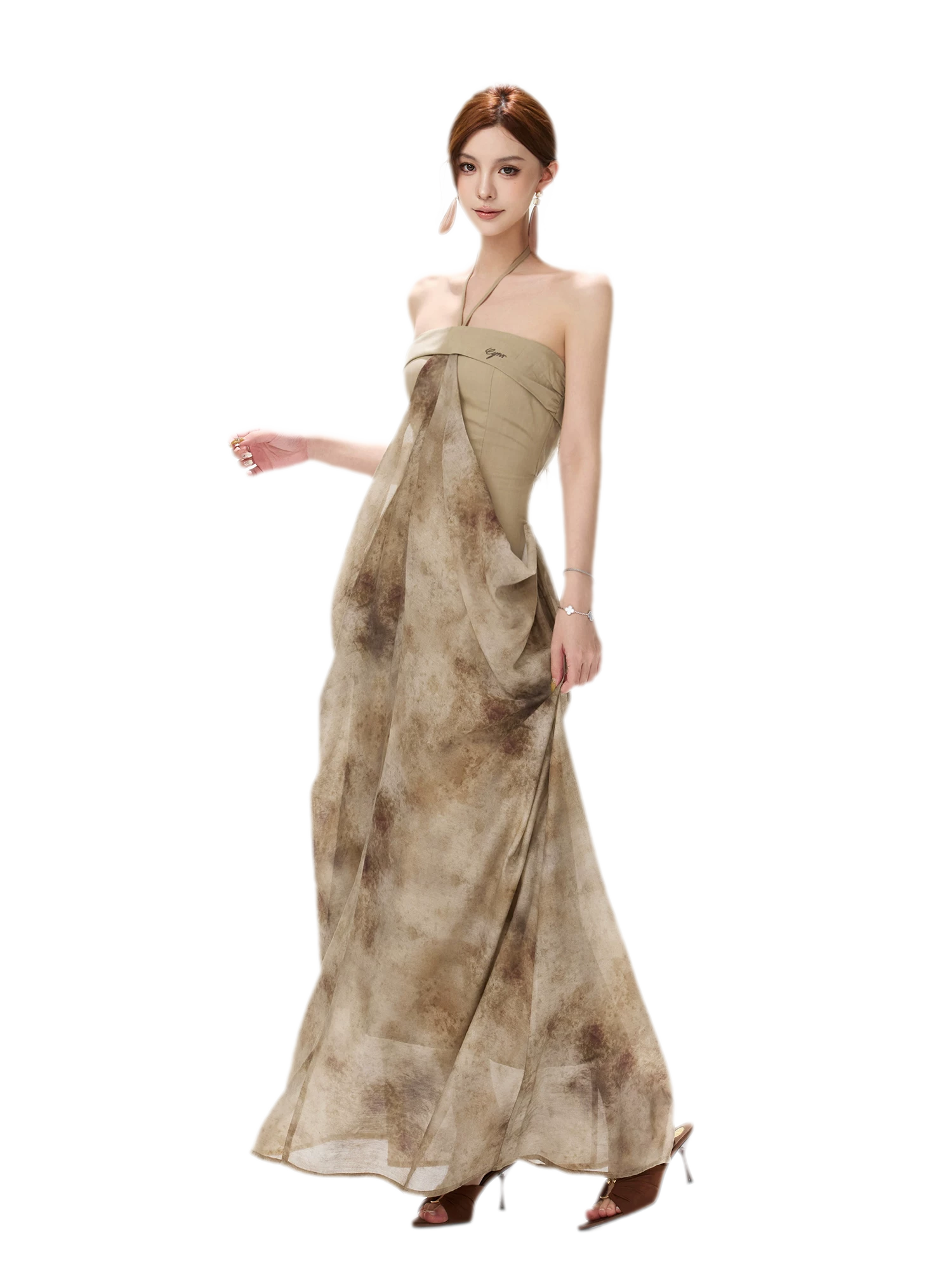Ink-Wash Pleated Halter Dress