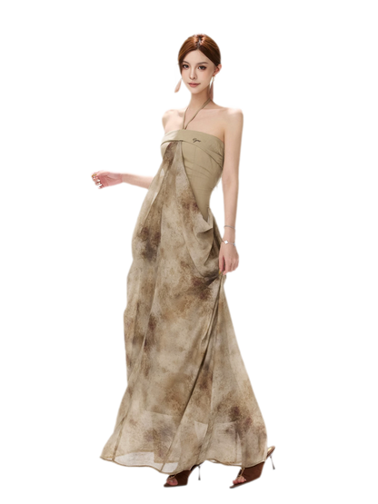Ink-Wash Pleated Halter Dress