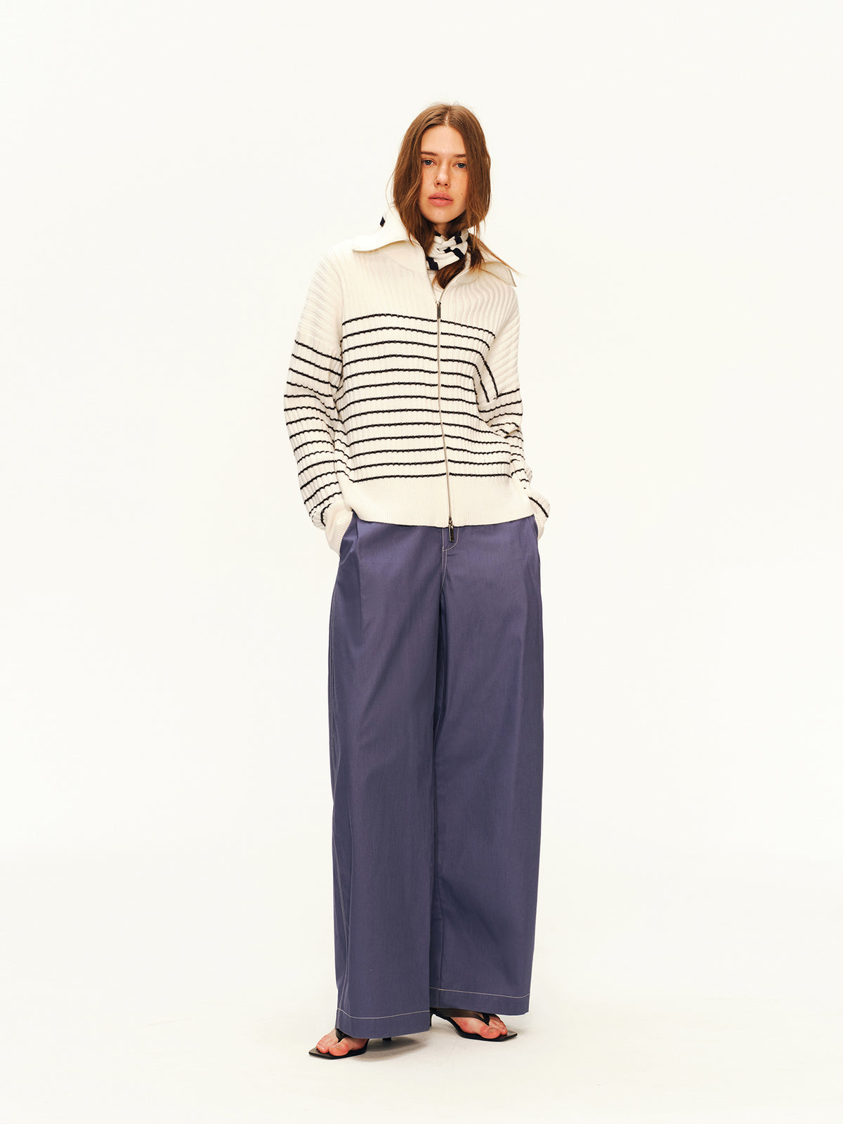 Striped Stand-Collar Zip Cardigan