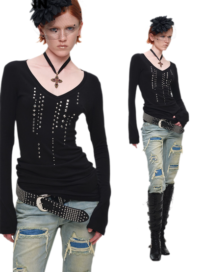 Rhinestone Fitted Knit Top