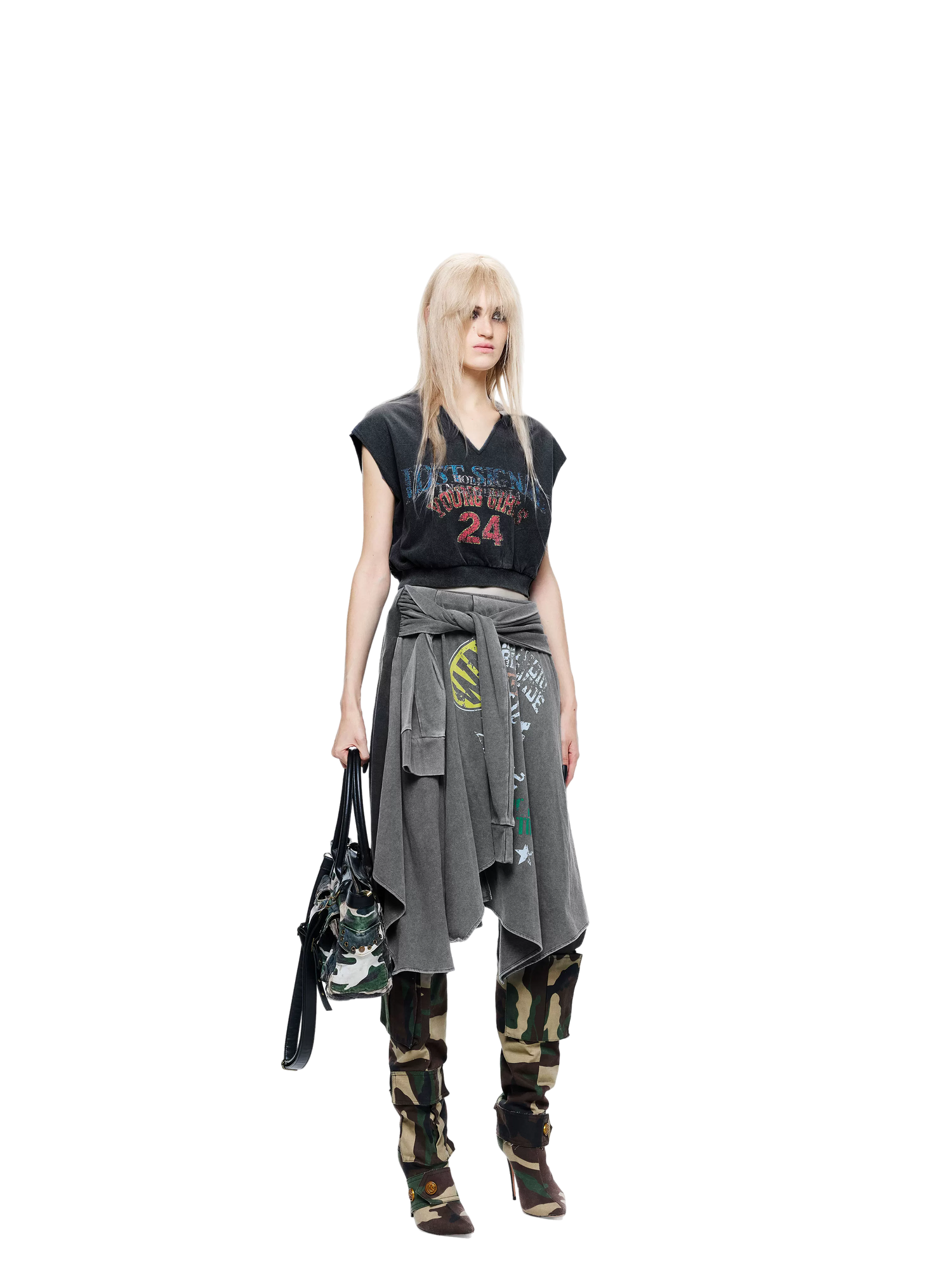 LTD Washed Blue Asymmetric Printed Skirt