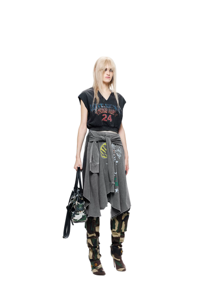 LTD Washed Blue Asymmetric Printed Skirt