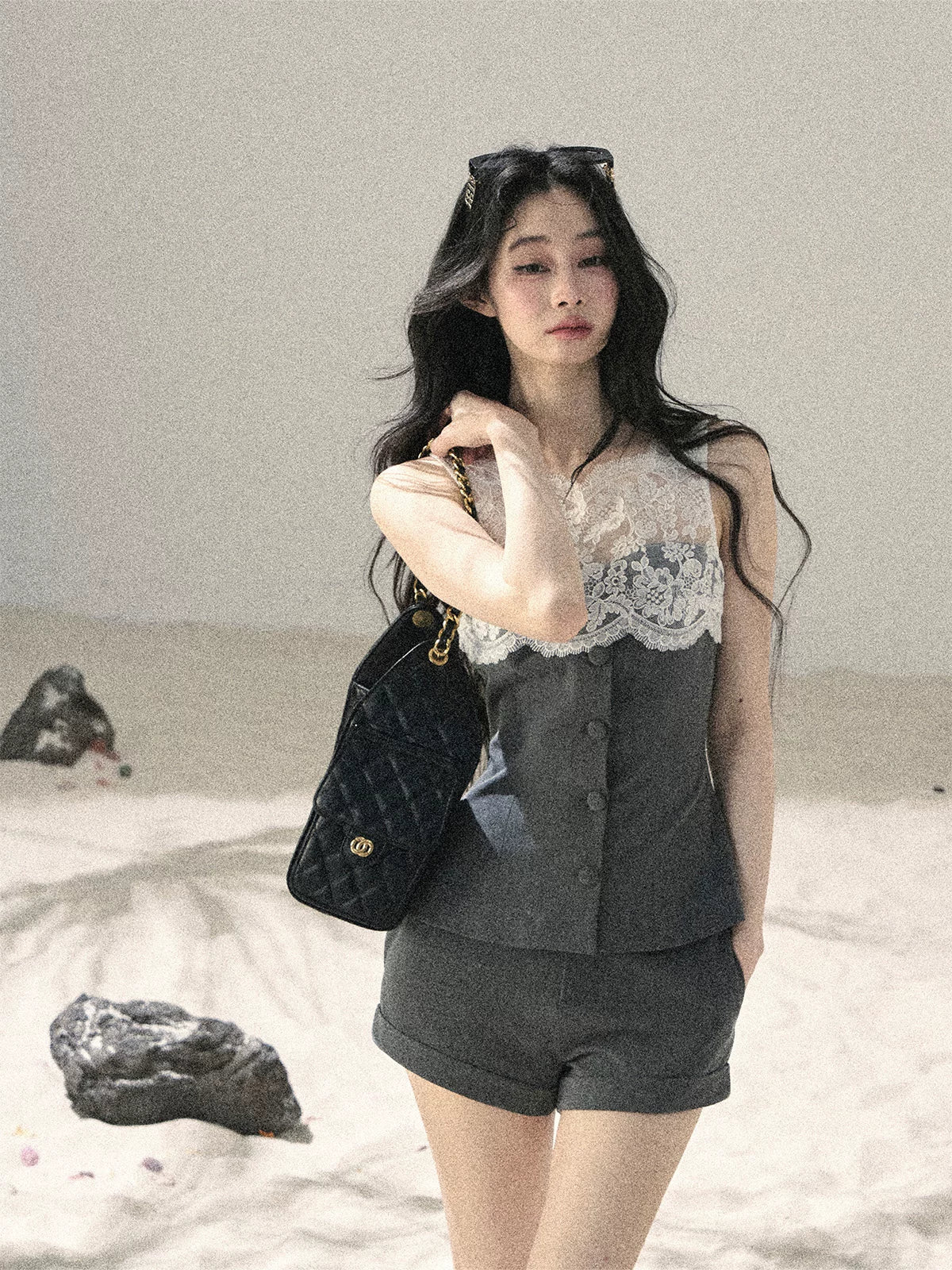 Lace Trim Top Shorts Set