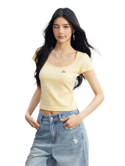 Candy Color U-Neck Short Sleeve T-Shirt