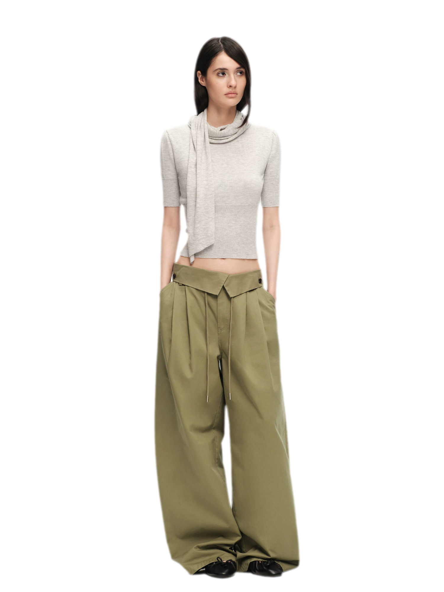 Washed Cross-Waistband Wide-Leg Pants