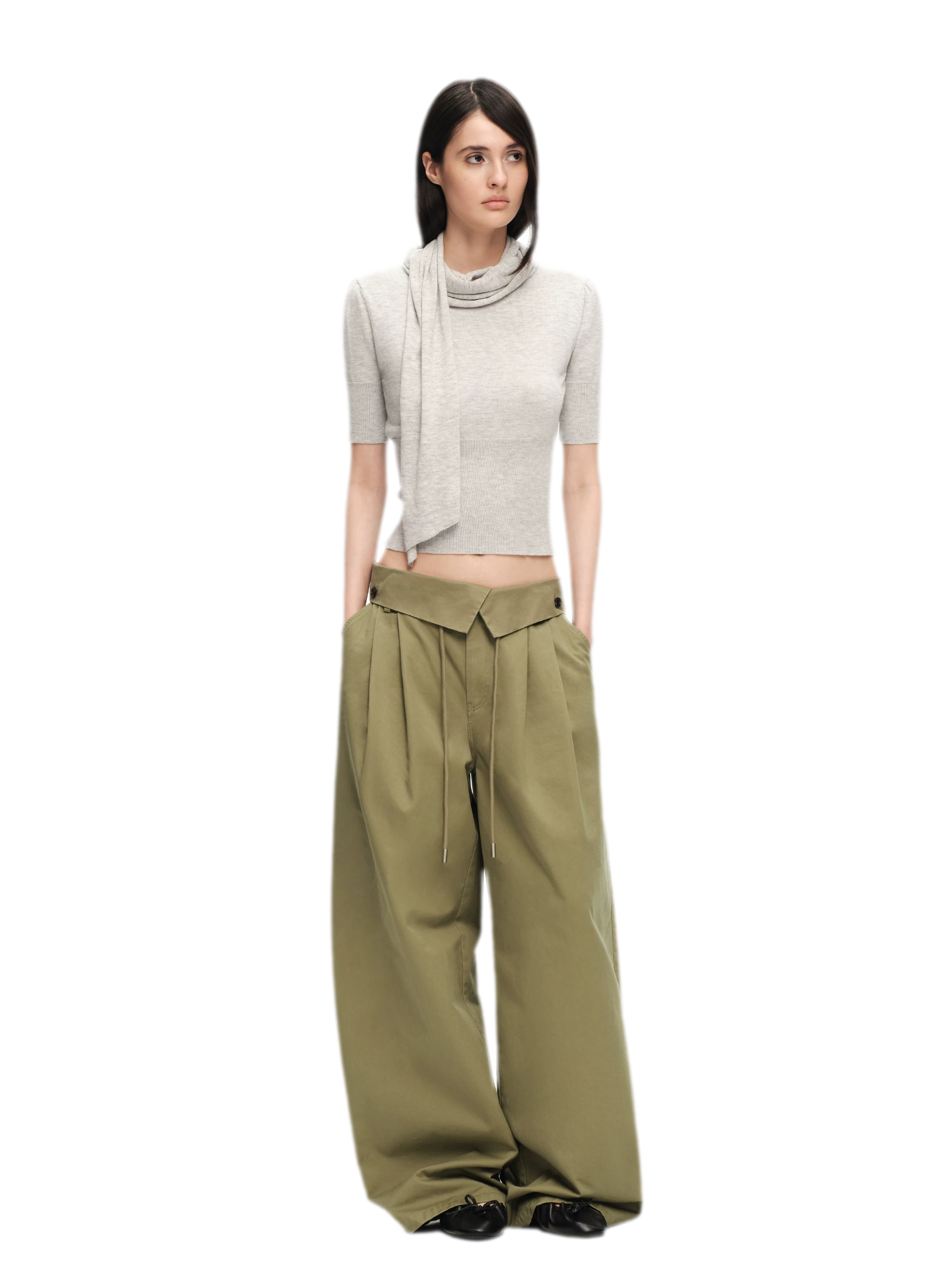 Washed Cross-Waistband Wide-Leg Pants