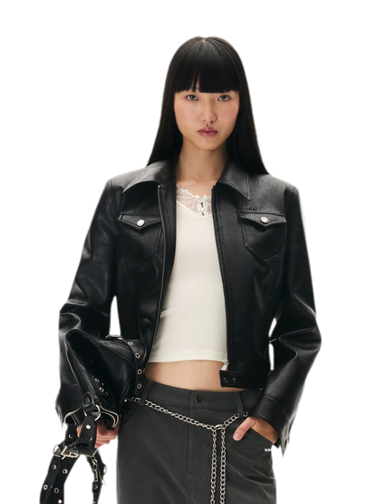 Meteorite Texture Fitted Leather Jacket