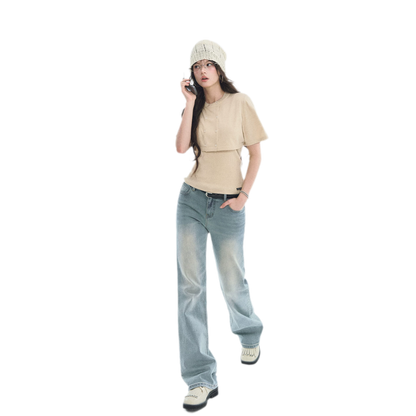 Washed Bow Embroidery Jeans