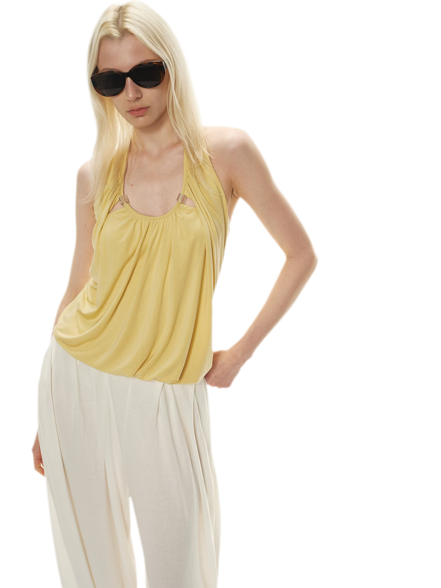Modal Draped Halter Top with Pearl Neckline