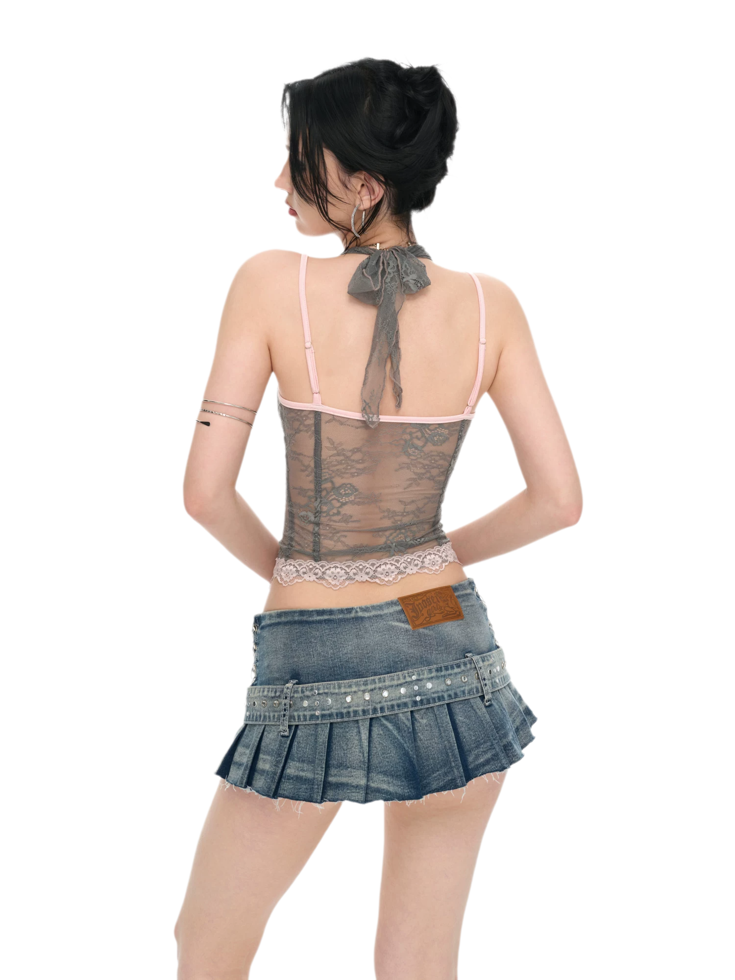 Gray Pink Lace Halter Neck Fitted Top