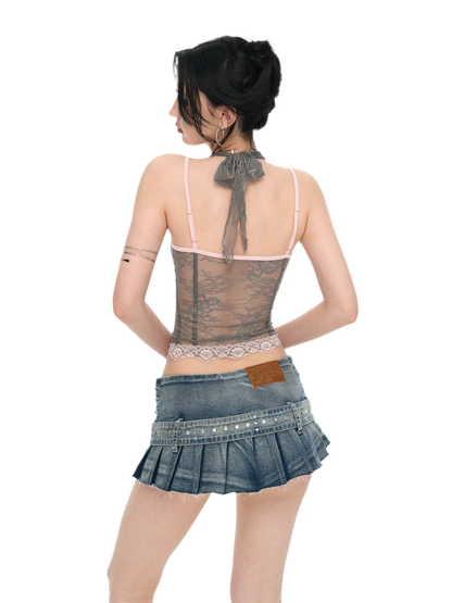 Gray Pink Lace Halter Neck Fitted Top