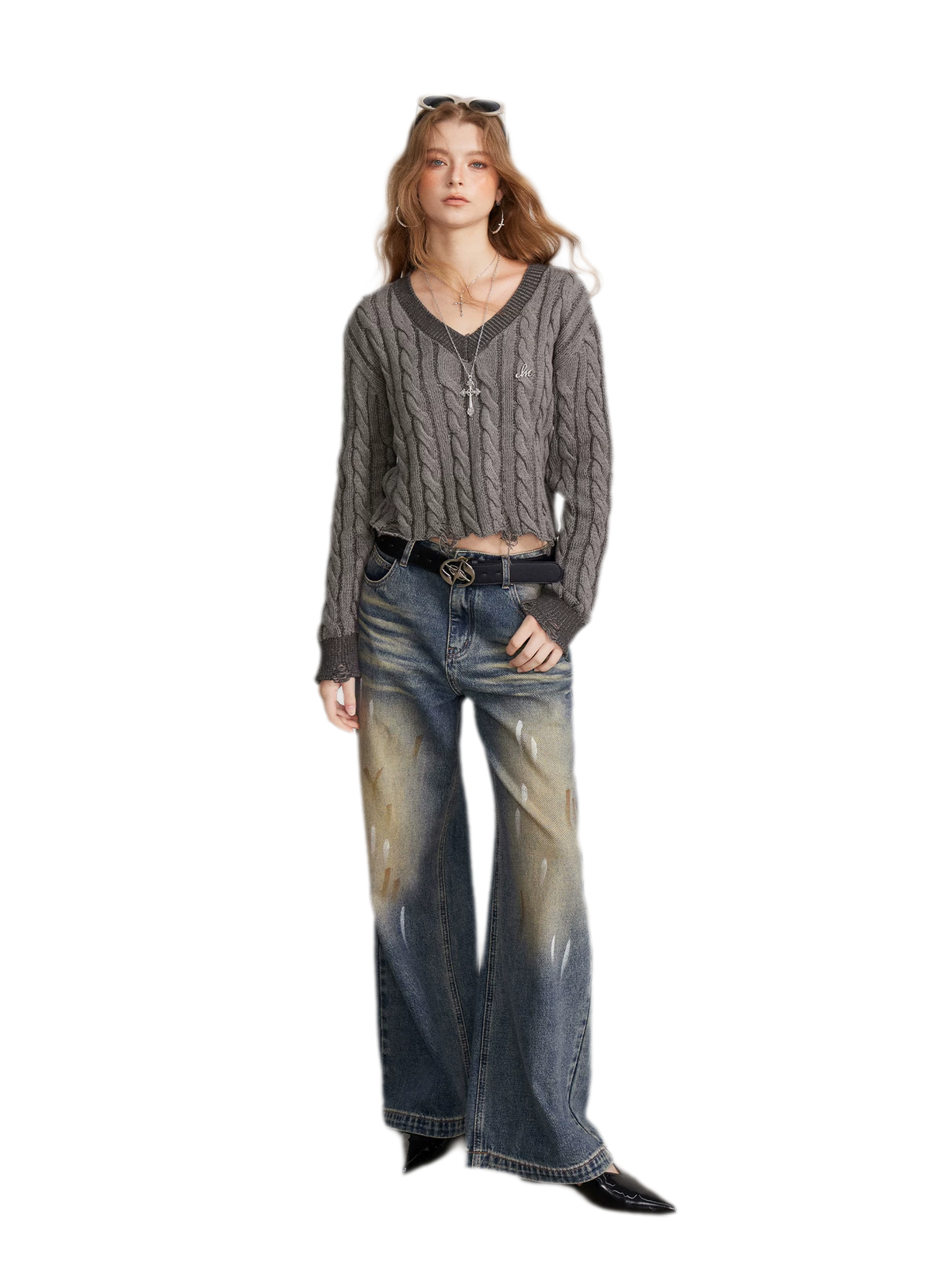 Distressed Cable Knit V-Neck Sweater