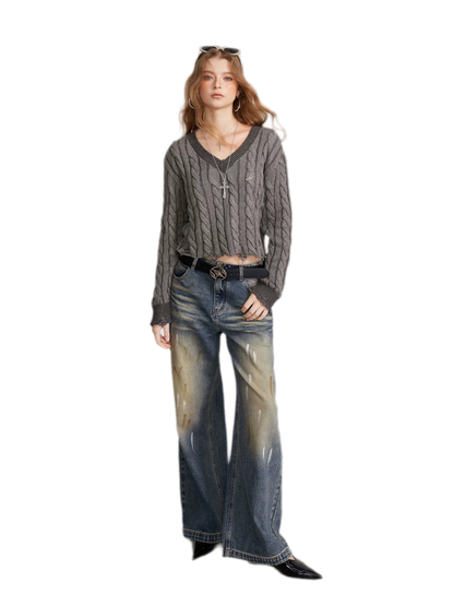 Distressed Cable Knit V-Neck Sweater
