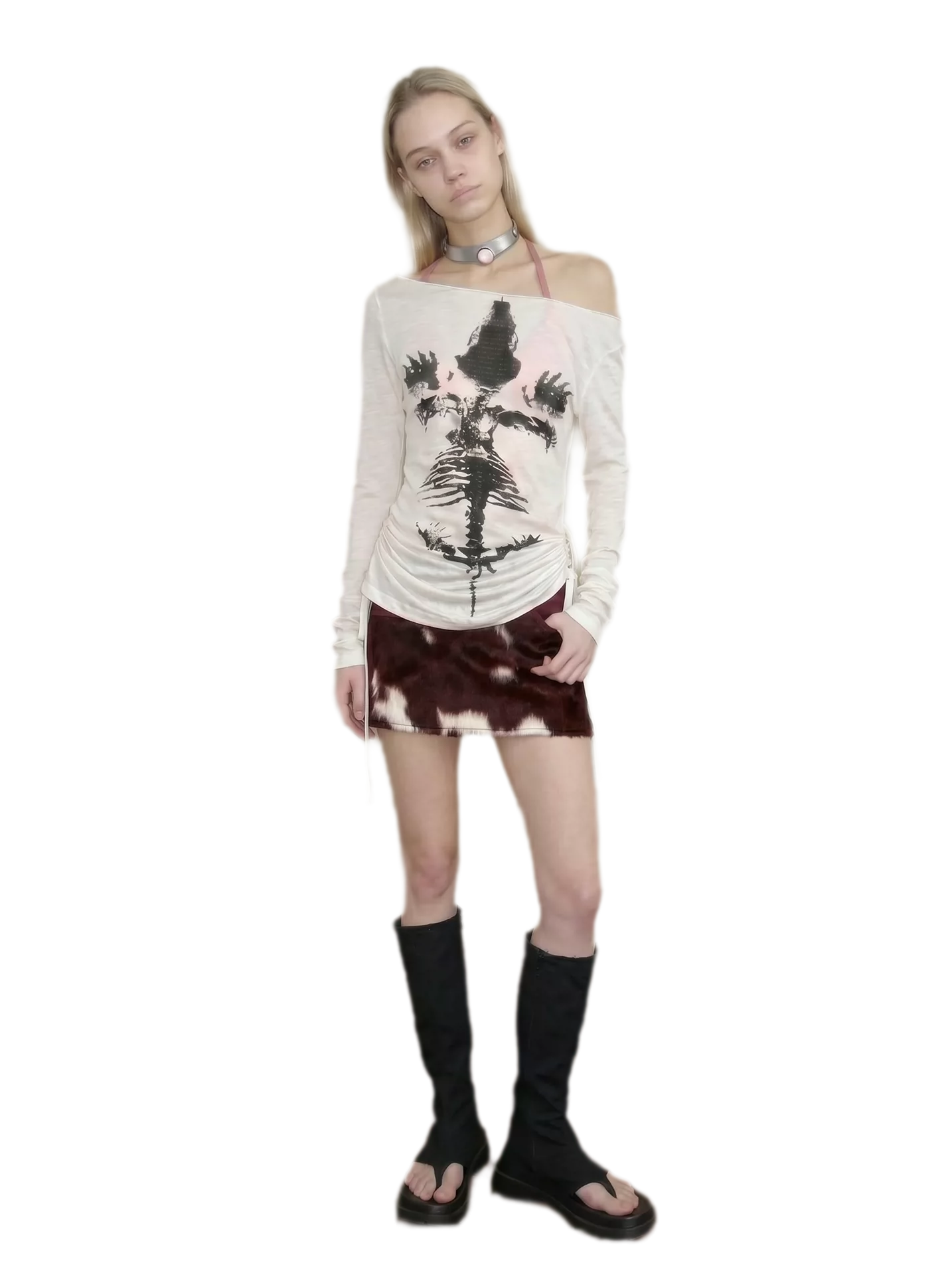 Sheer Asymmetric Skeleton Print Top