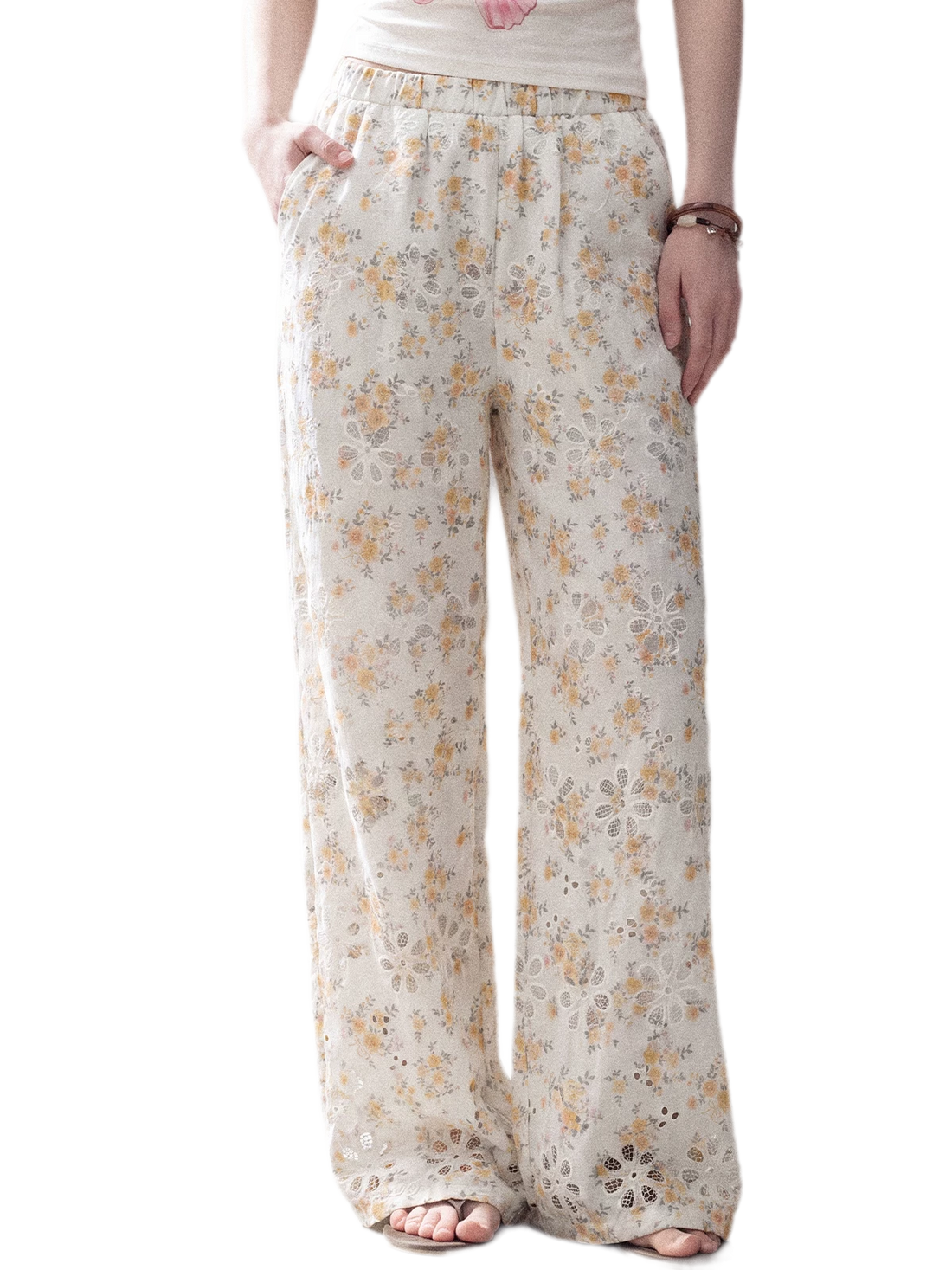Laser-Cut Floral Wide-Leg Pants