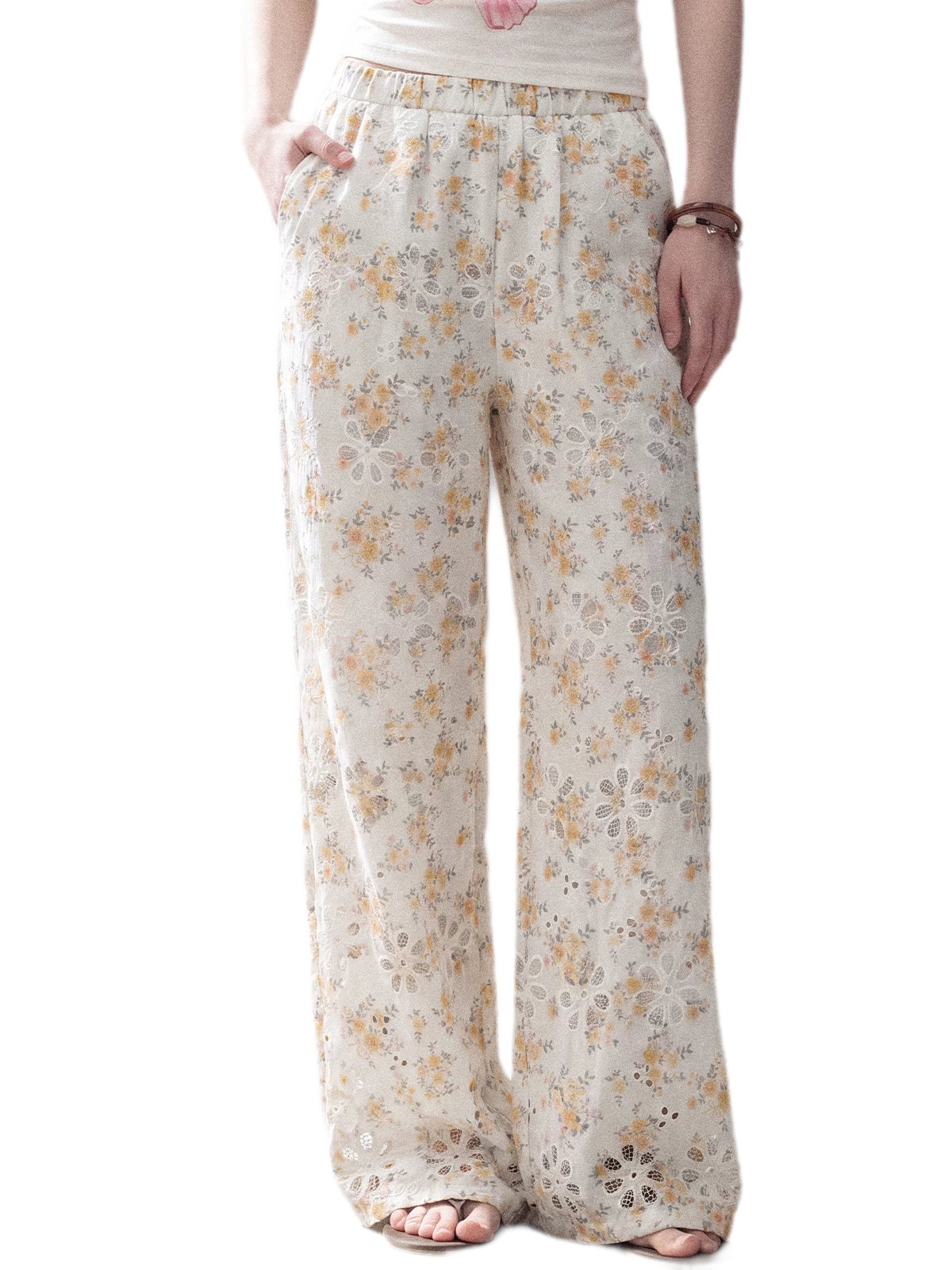Laser-Cut Floral Wide-Leg Pants