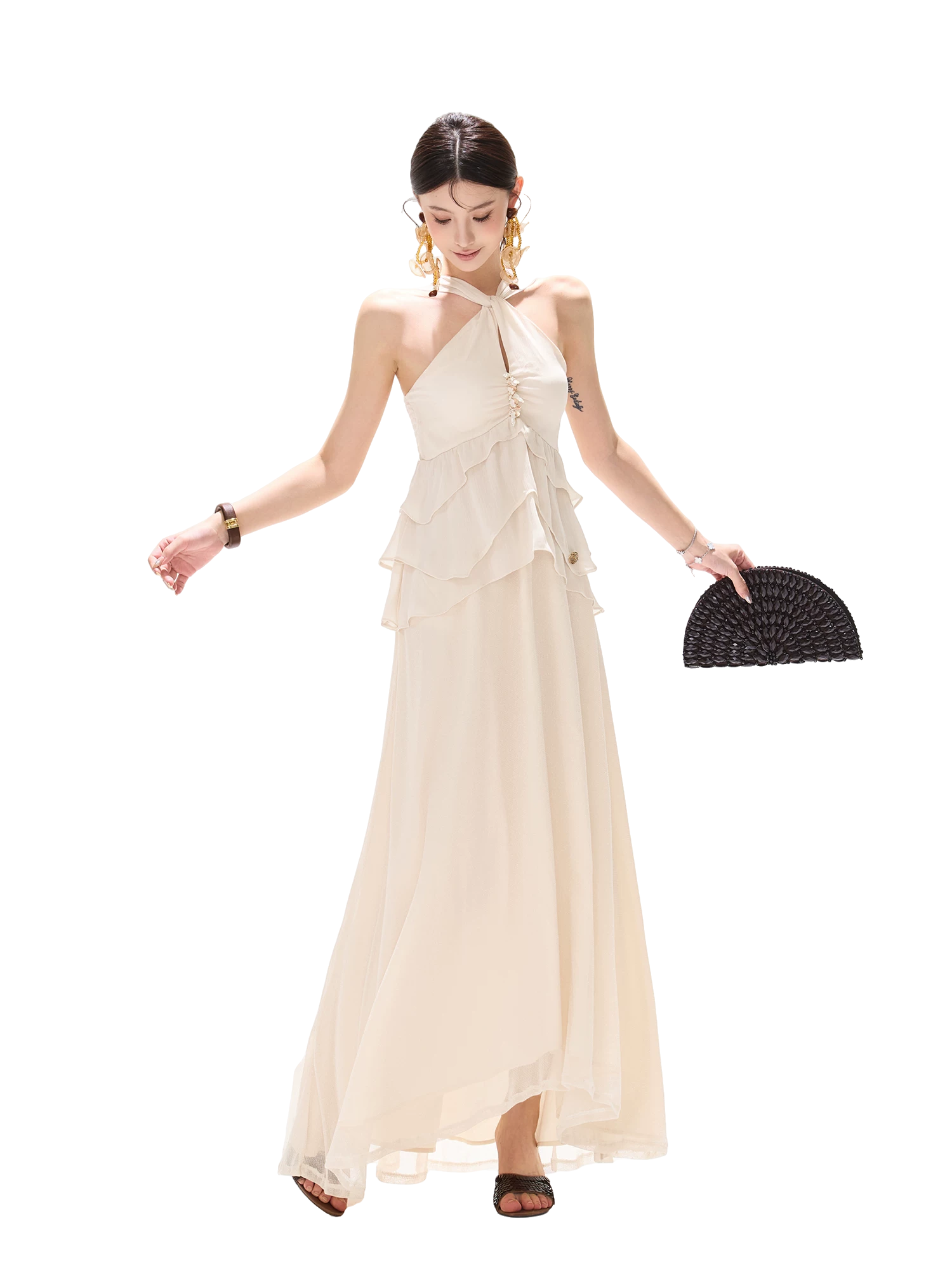 Flowing Halter Rhinestone Chiffon Long Dress