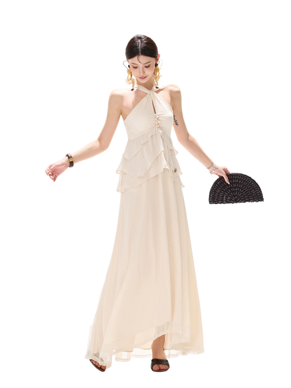 Flowing Halter Rhinestone Chiffon Long Dress