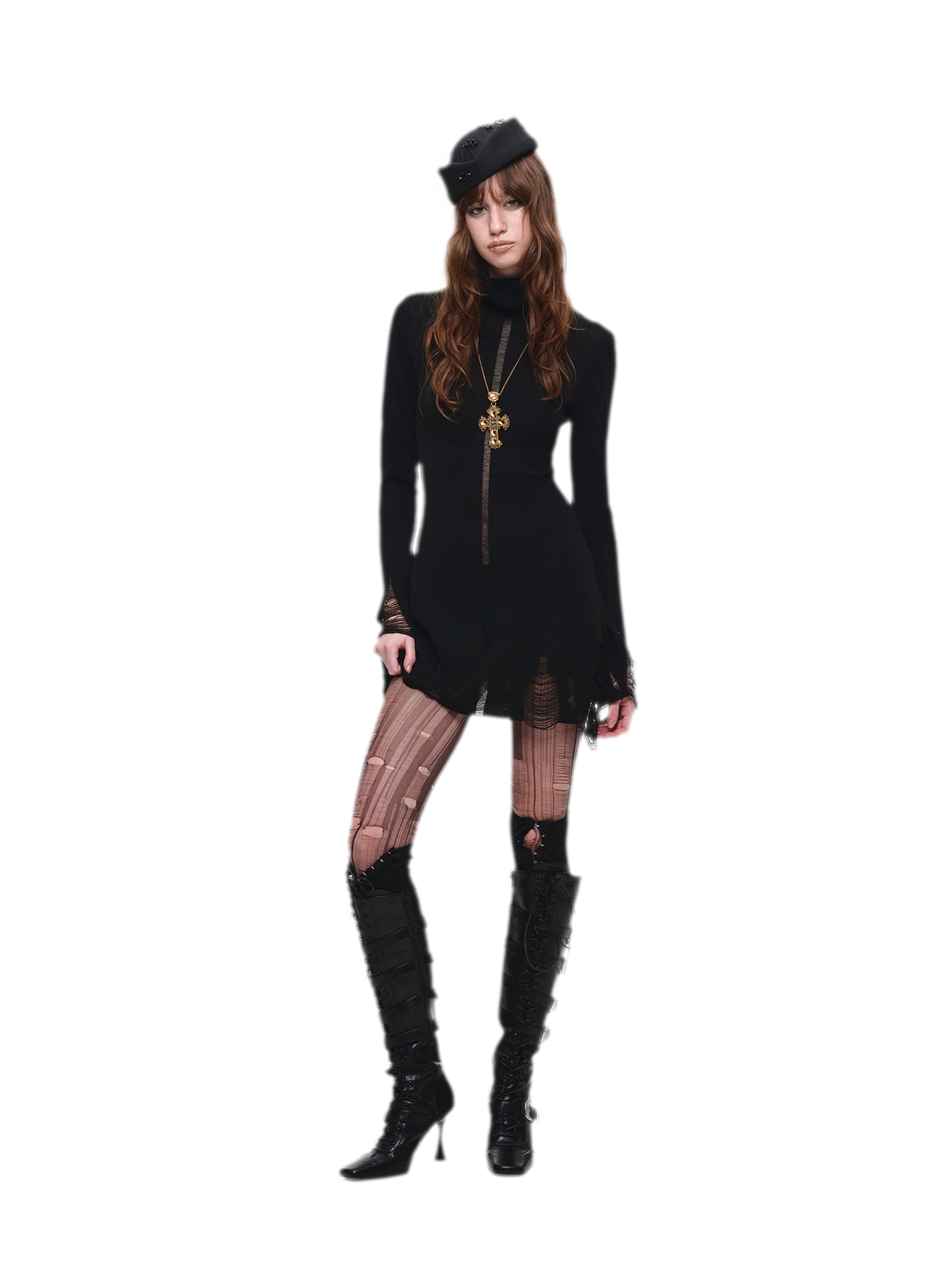 Distressed High-Neck Knit Dress