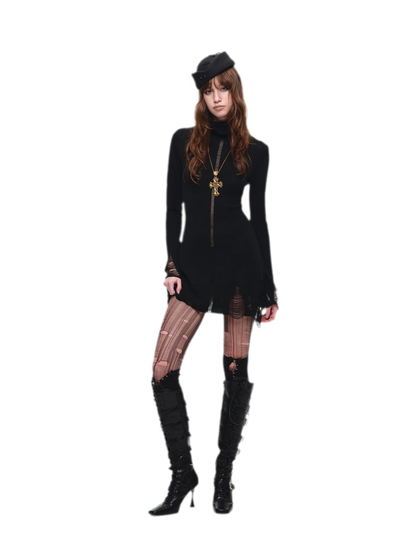 Distressed High-Neck Knit Dress
