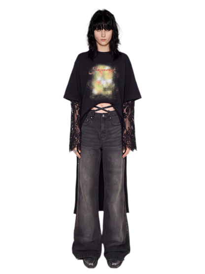 Rhinestone Micro-Flare Cotton Jeans