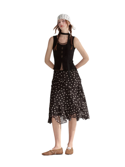 Ribbed Elastic Dot Mesh Sleeveless Top