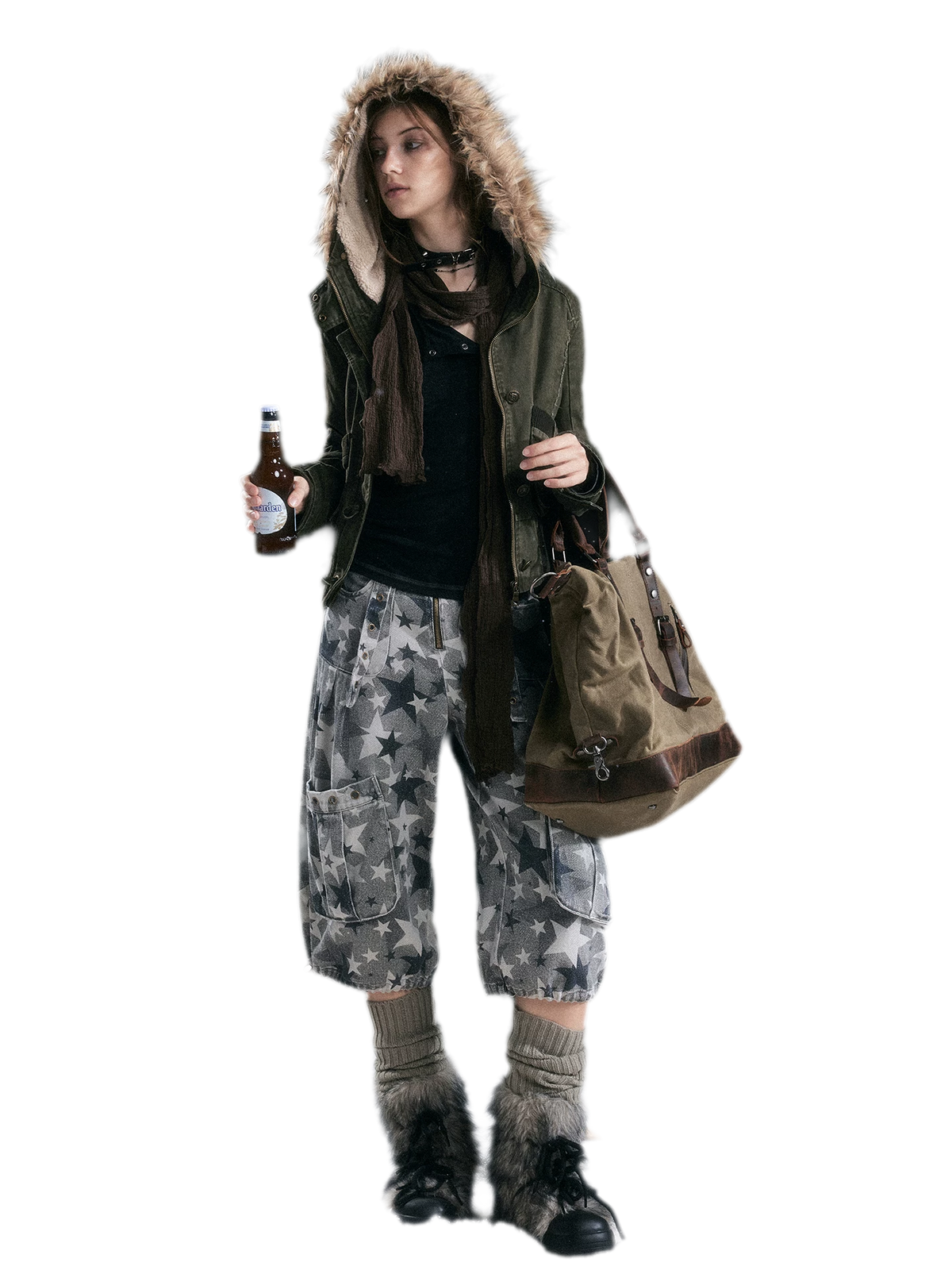 Washed Quilted Fur-Trim Hooded Jacket