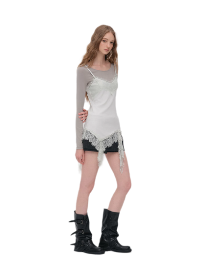 Lace Trim Layered Long-Sleeve Top