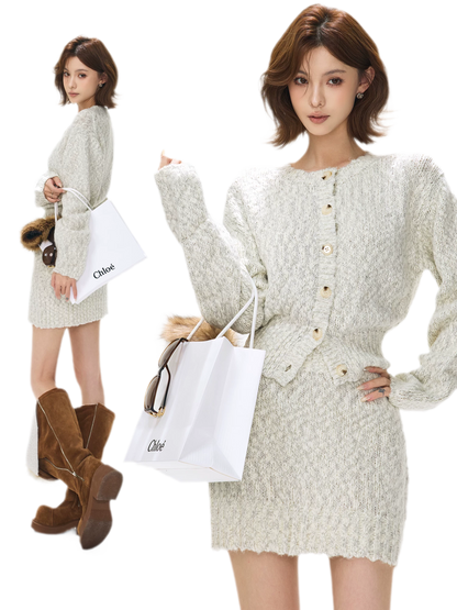 Fluffy Wool Knit Cardigan Set