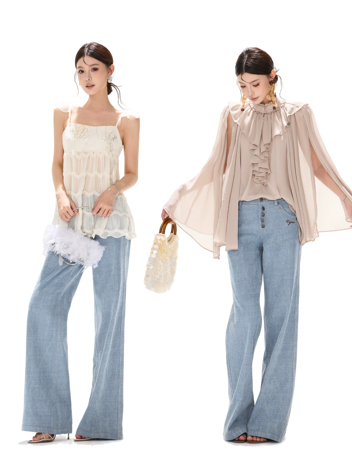 90s Vintage Washed Metal Button Wide-Leg Denim Pants