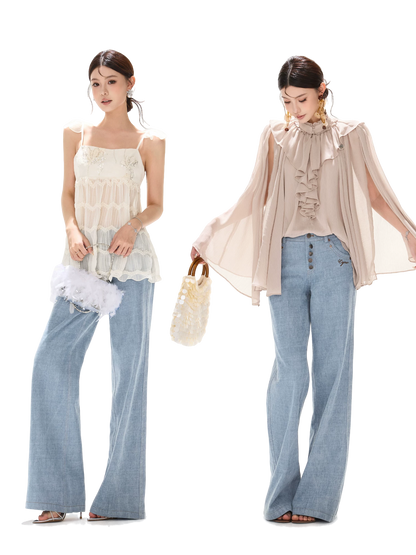 90s Vintage Washed Metal Button Wide-Leg Denim Pants