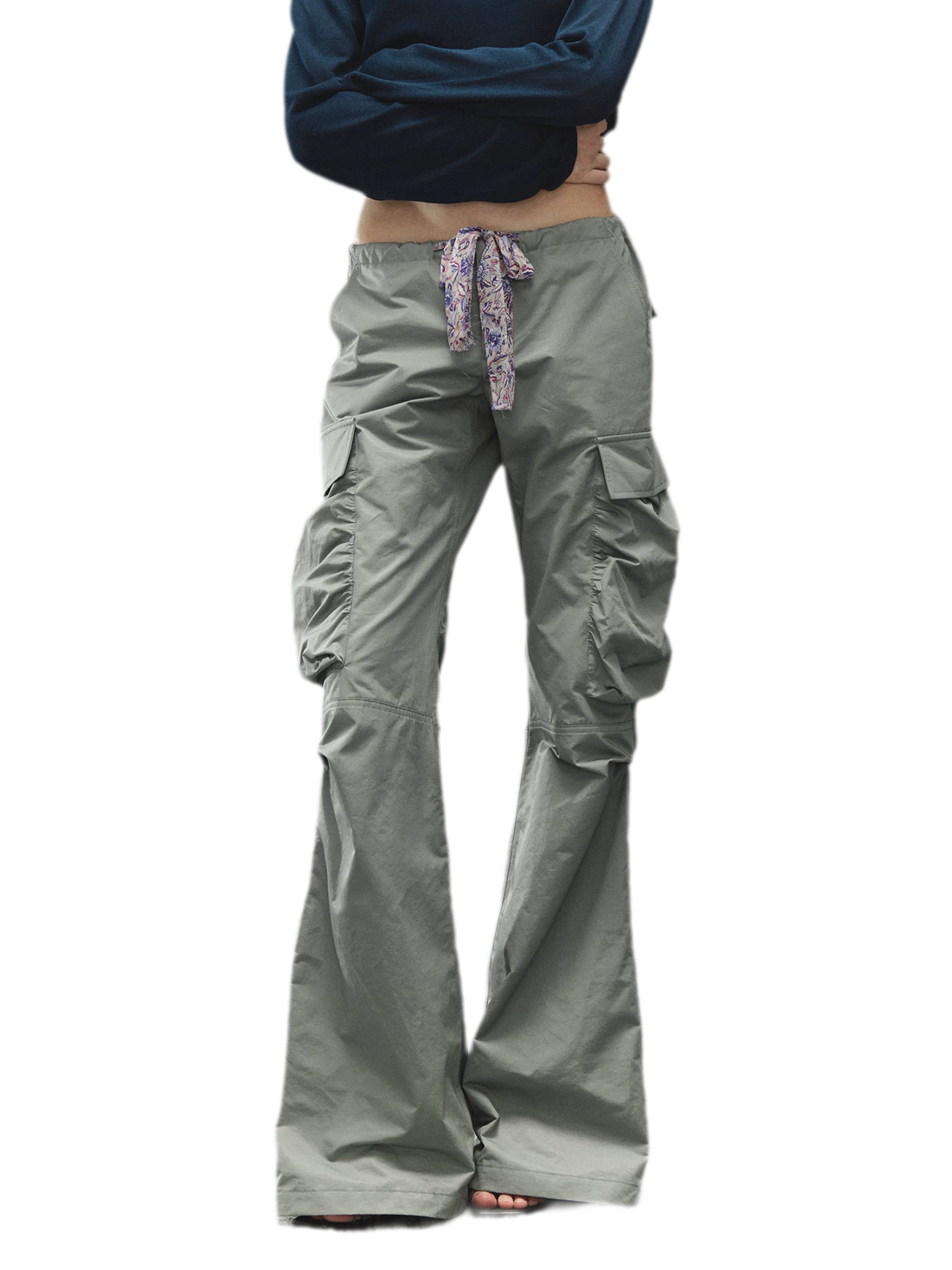 Printed Waistband Drawstring Multi-Pocket Low-Waist Cargo Pants