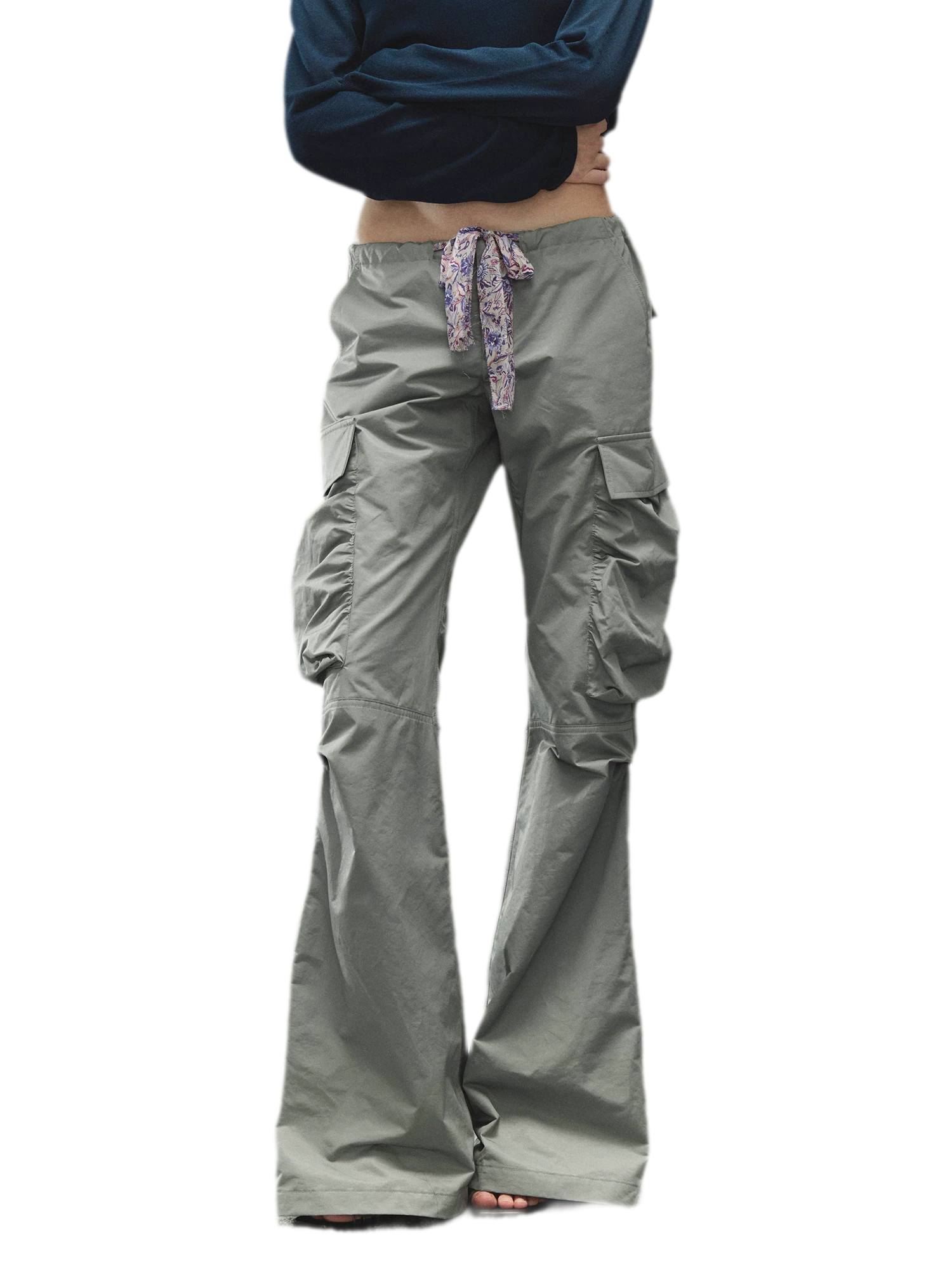 Printed Waistband Drawstring Multi-Pocket Low-Waist Cargo Pants