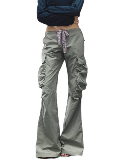 Printed Waistband Drawstring Multi-Pocket Low-Waist Cargo Pants