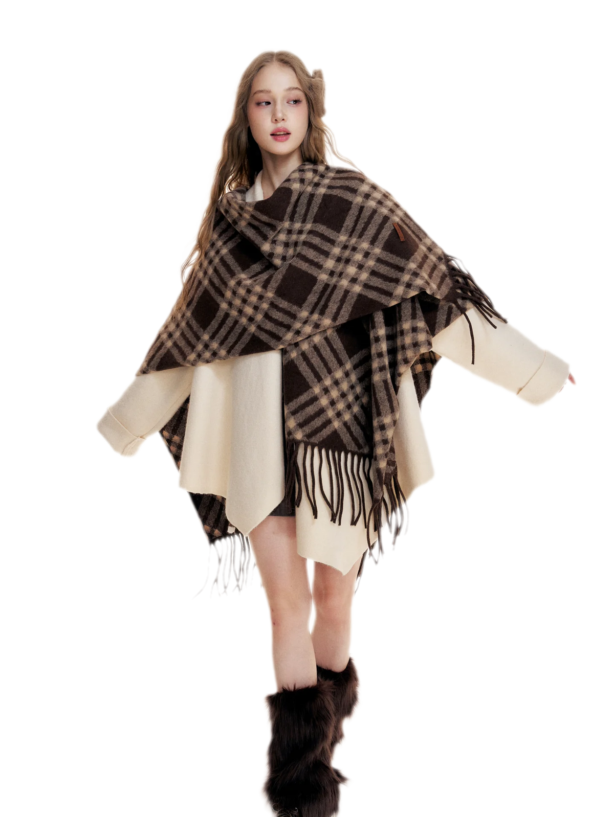 Fleece Checked Fringe Poncho
