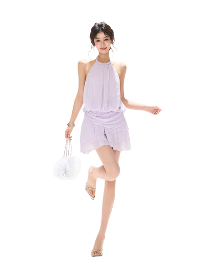 Halter Neck Sleeveless Chiffon A-Line Dress