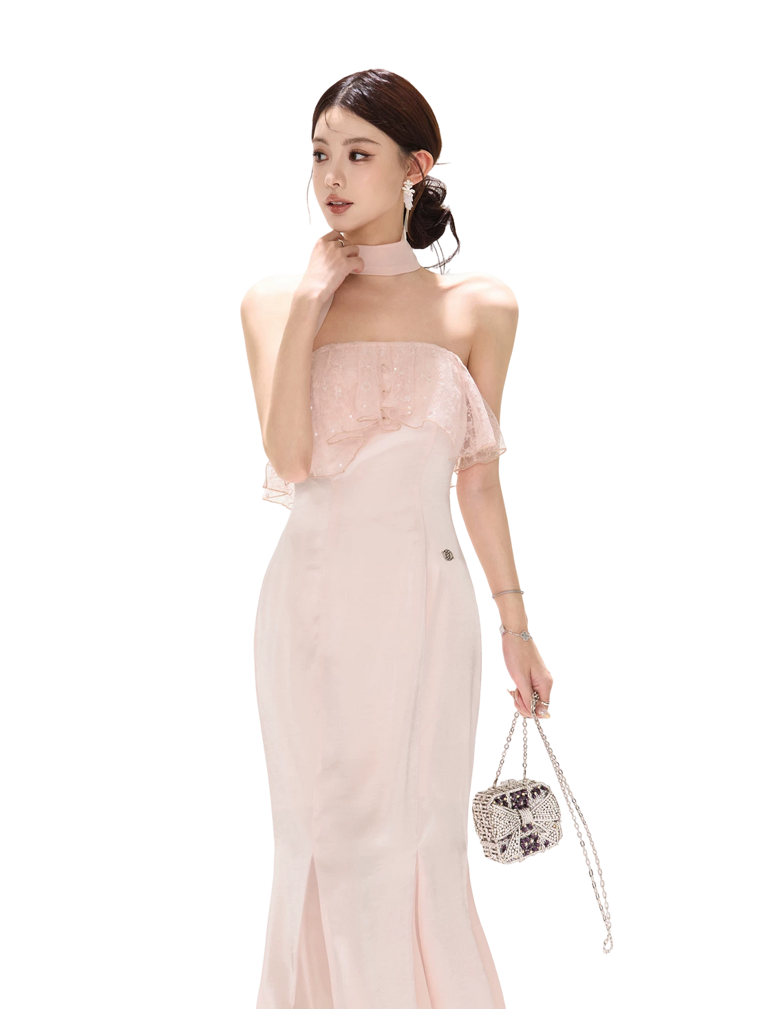 Strapless Lace Ruffle Fishtail Long Dress in Champagne