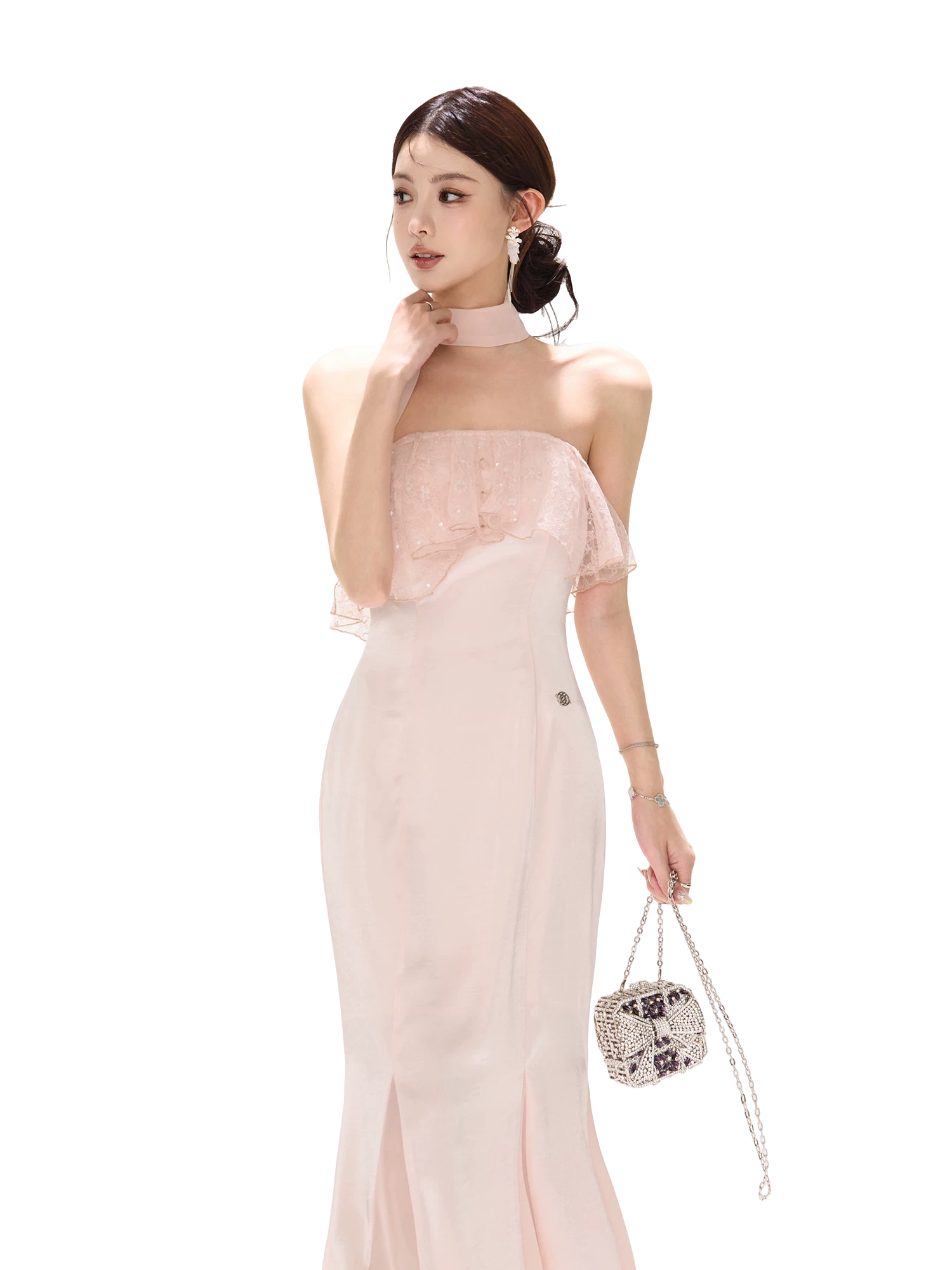 Strapless Lace Ruffle Fishtail Long Dress in Champagne