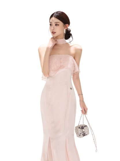 Strapless Lace Ruffle Fishtail Long Dress in Champagne