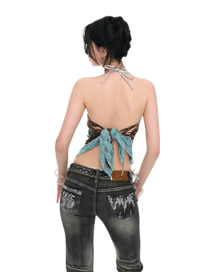 Peacock Blue Lace Leopard Print Chiffon Scarf