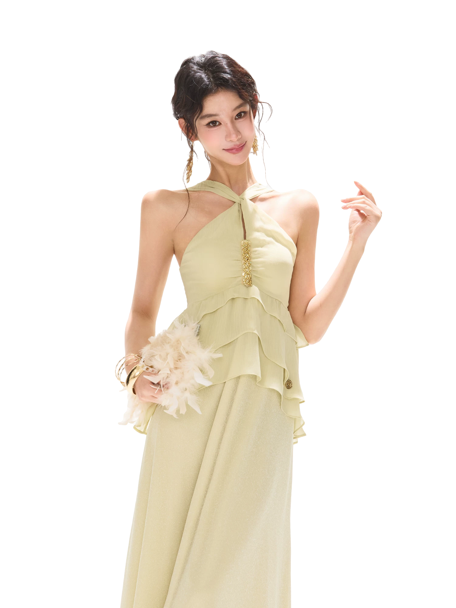 Flowing Sheer Halter Rhinestone Chiffon Long Dress