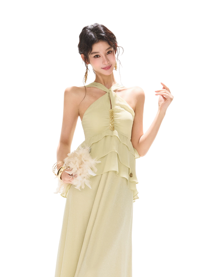 Flowing Sheer Halter Rhinestone Chiffon Long Dress