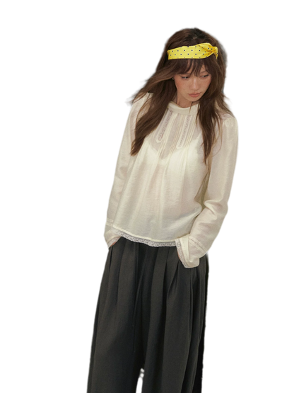 Pintuck Lace Cuff Blouse
