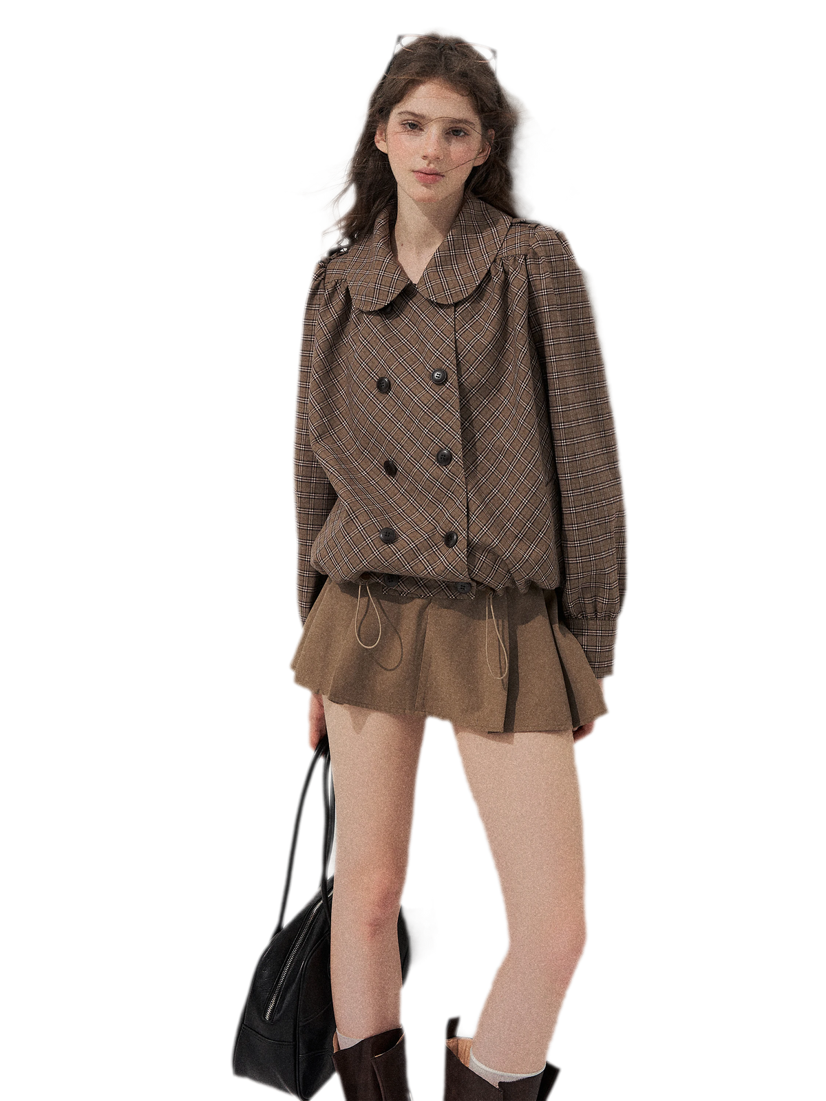 Conjunto de abrigo de cuadros con cuello Peter Pan