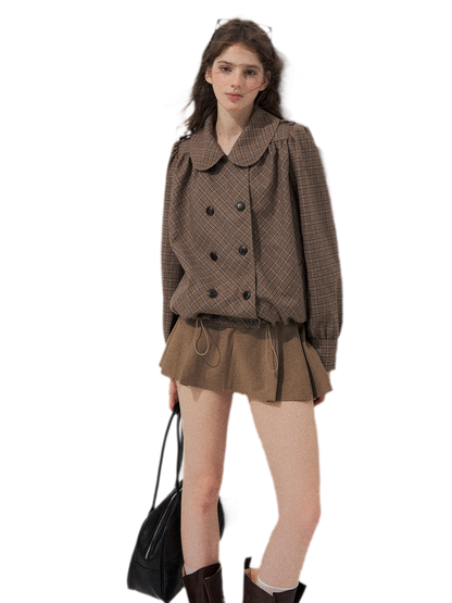 Conjunto de abrigo de cuadros con cuello Peter Pan