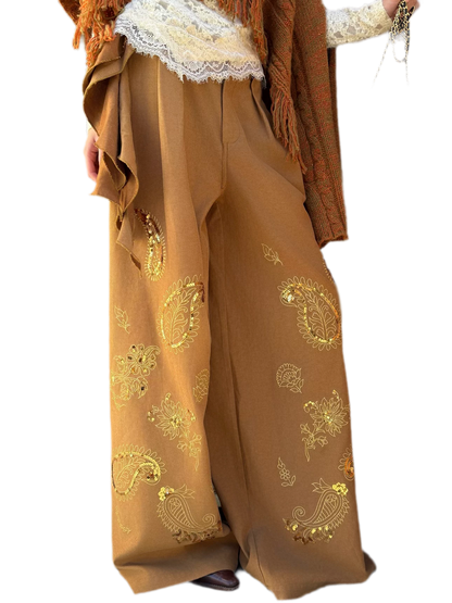 Sequin Paisley Wide-Leg Pants
