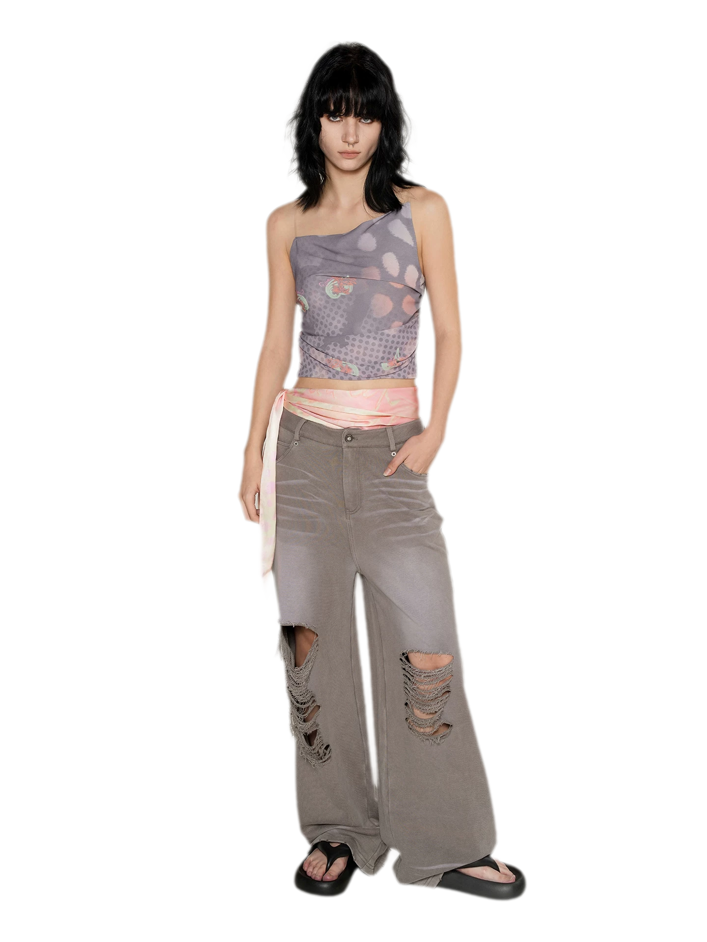 Washed Distressed Straight Pants